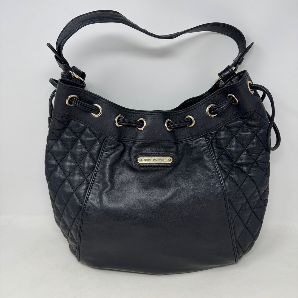 Juicy Couture‎ Black Quilted Leather Hobo Shoulder Bag Gold Hardware Drawstring